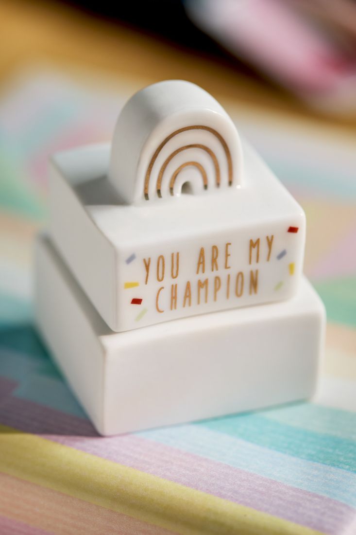 Die geöffnete räder Porzellan-Regenbogen-Dose you are my champion als liebevolles Geschenk dekorativ auf einem Tisch präsentiert