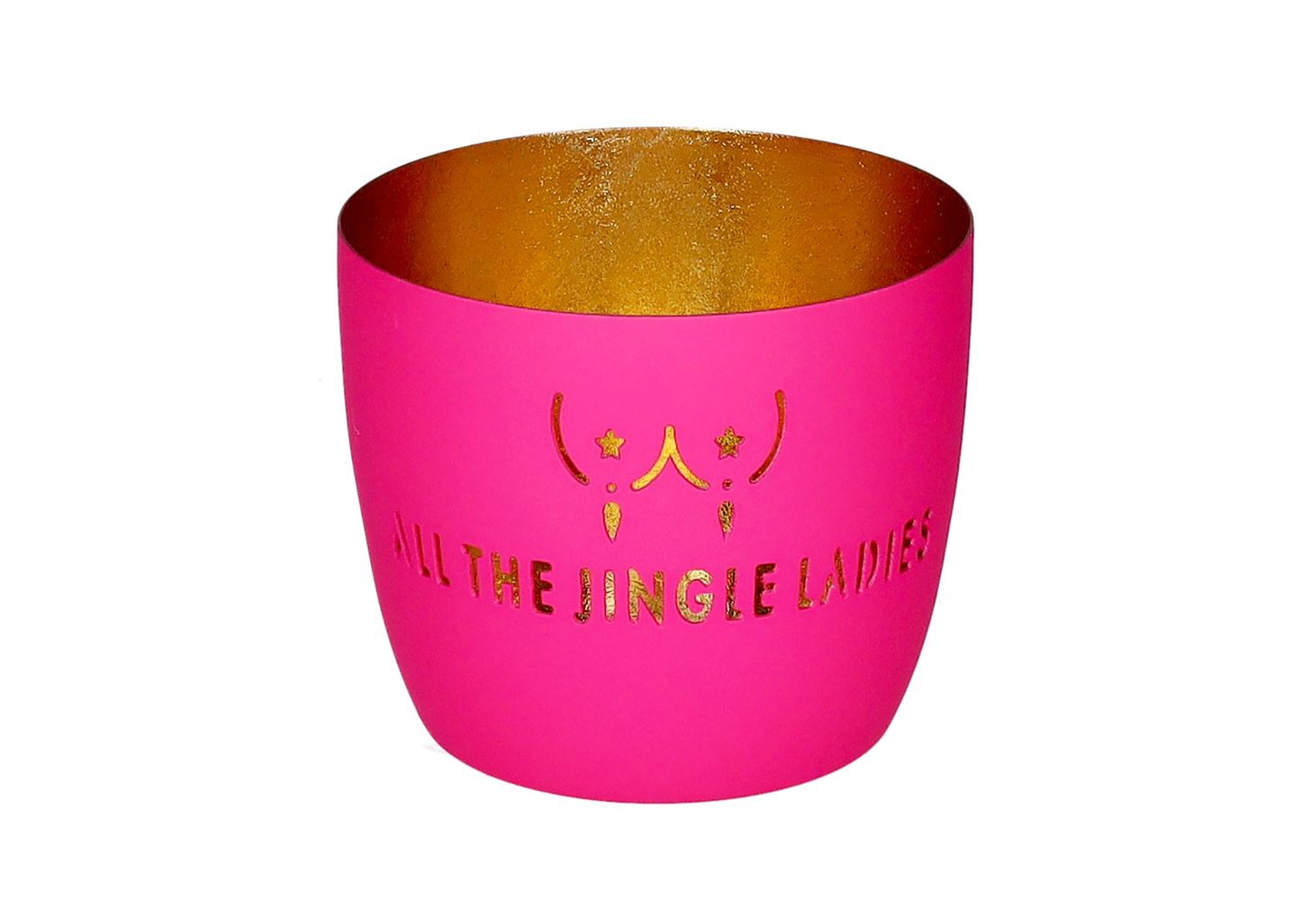 Pinkes Madras Windlicht von Giftcompany mit dem goldenen Schriftzug all the jingle ladies