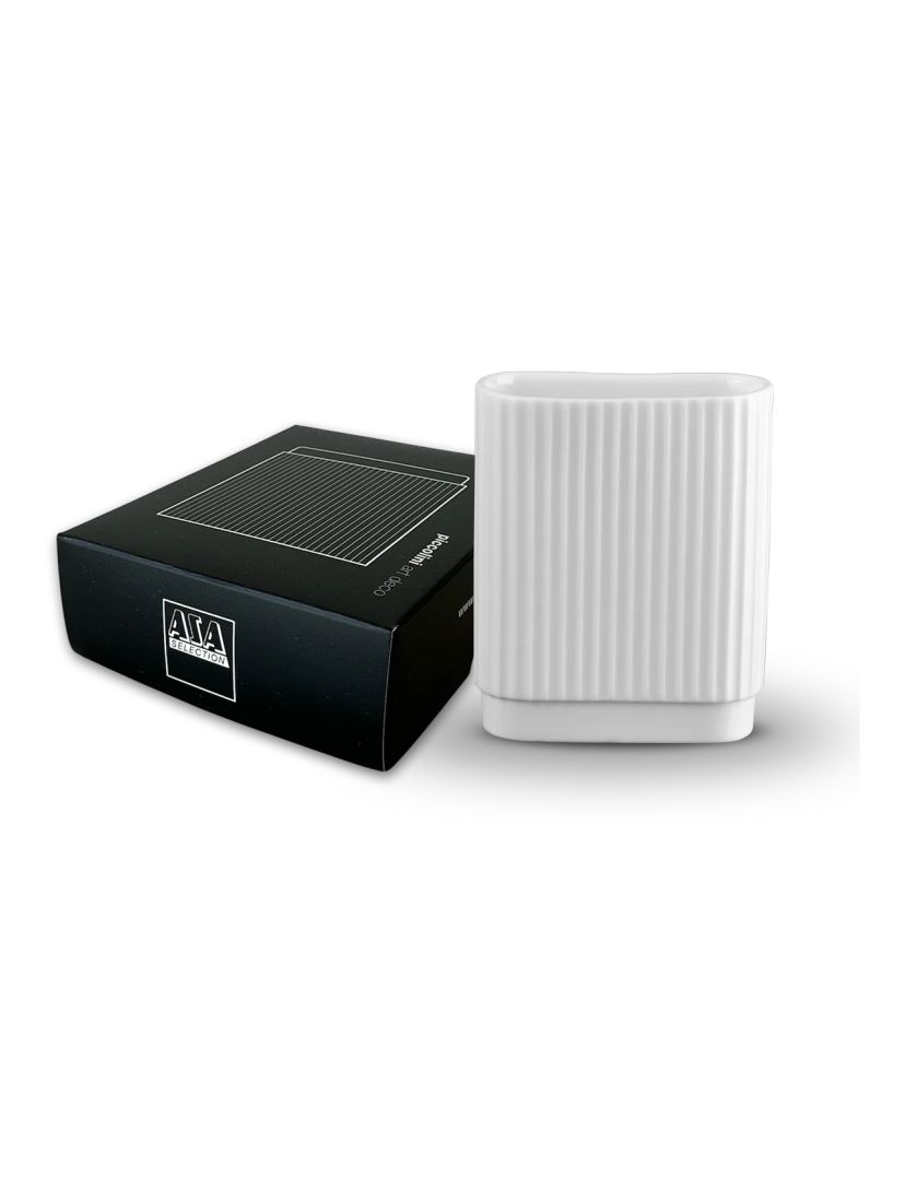 Kleine ASA Art Déco Blumenvase neben edler Geschenkverpackung