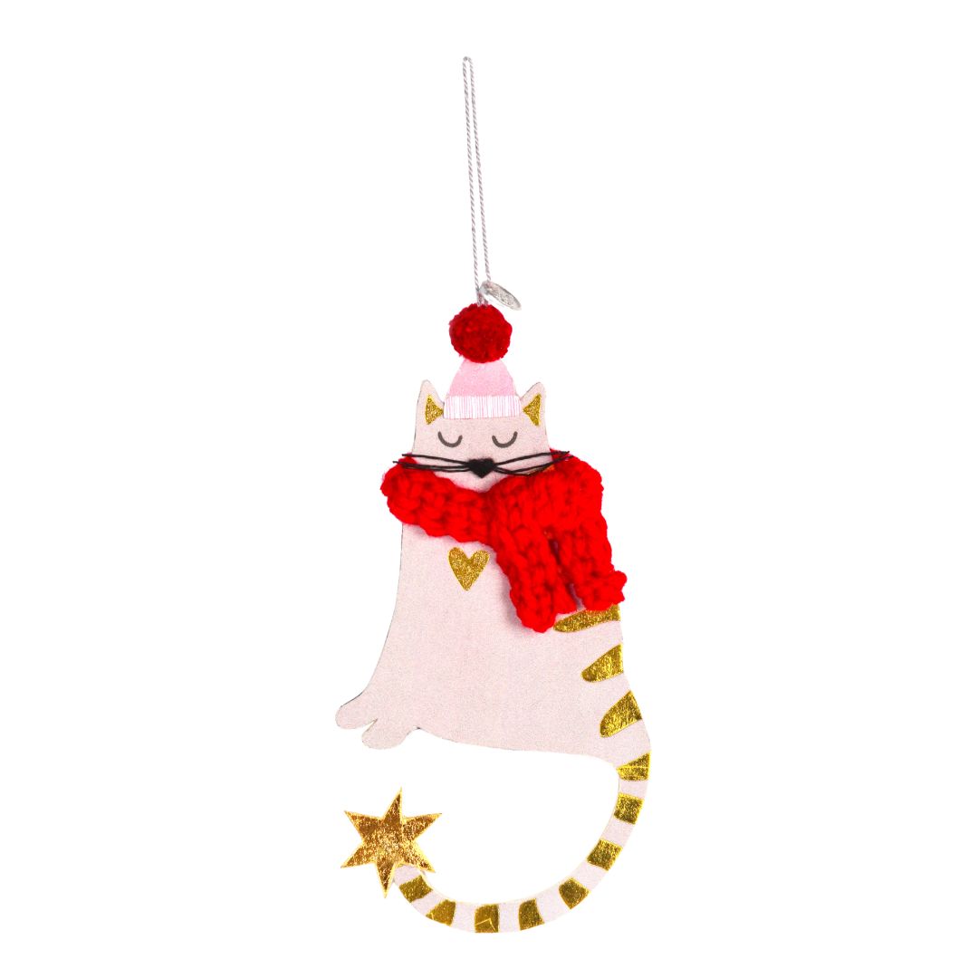 Katze Schmuckanhänger, Weihnachtsdeko, Strickschal, goldene Akzente, Sternchen-Design