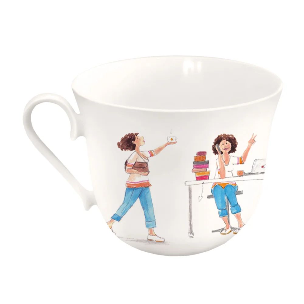 Porzellantasse Frauenpower vom Grätz Verlag mit witzigen Illustrationen einer Frau am Laptop und beim Spaziergang von Karin Tauer