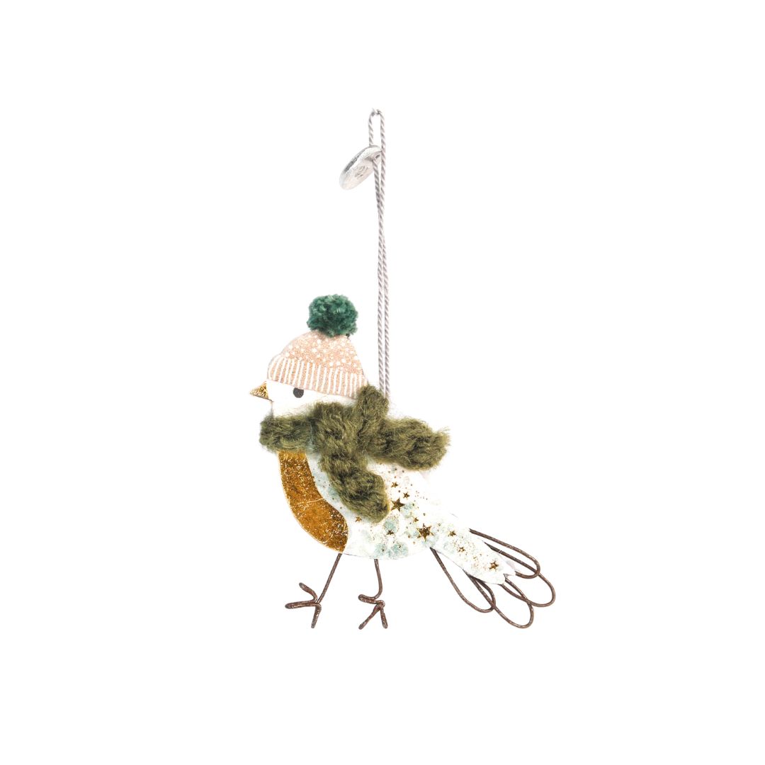 Süßer Mini Wintervogel Roter Schal von Good old friends: Papp-Vogel mit gestricktem grünen Schal, Mütze mit Pompom und Wollaufhängung