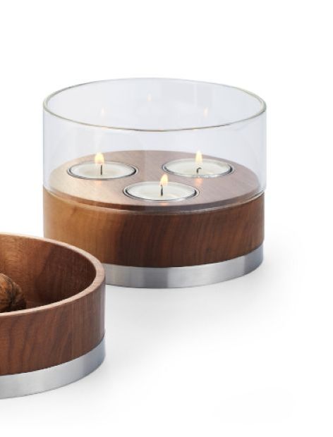 Teelicht-Set, Tischlaterne, Holz, Glasabdeckung, Dreier-Teelicht