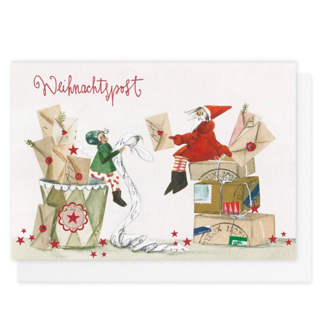 Nostalgisch illustrierte Klappkarte Weihnachtspost vom Grätz Verlag mit kleinen Wichteln beim Sortieren von Briefen und Geschenken