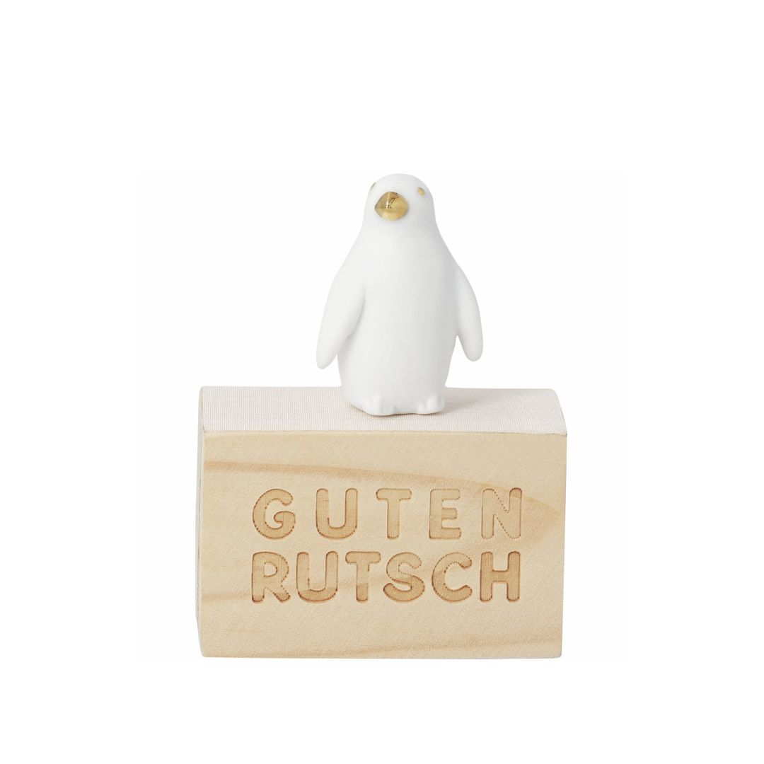 räder Glückskästchen aus Pinienholz mit kleinem Porzellan-Pinguin und goldenen Details