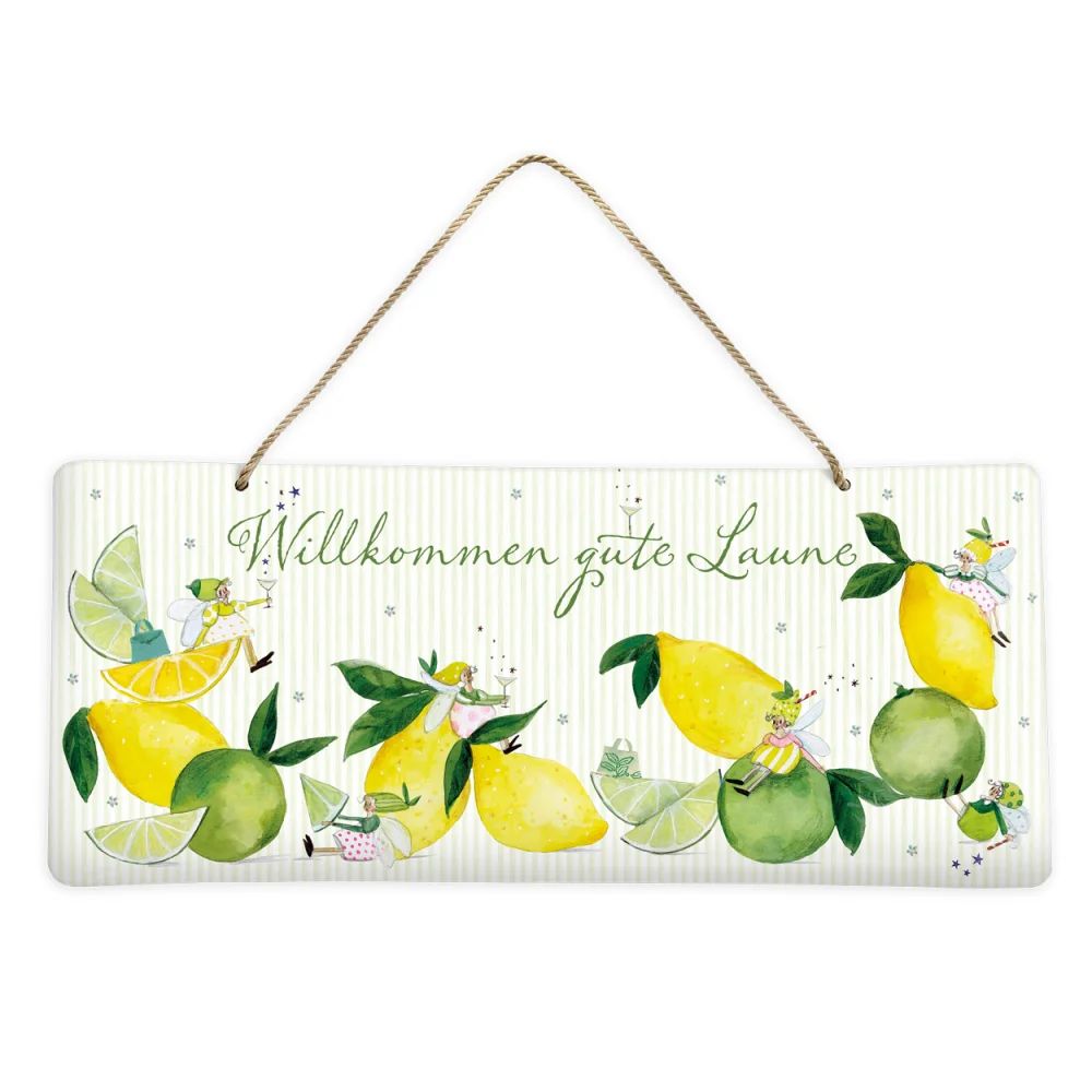 Grätz Blechschild Willkommen gute Laune mit Zitronen-Feen von Silke Leffler