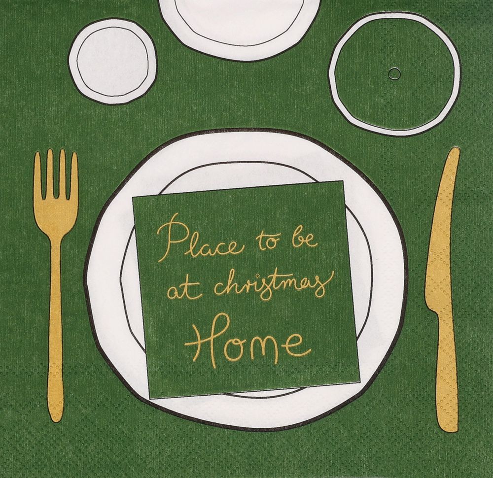 Servietten "Place to be at Christmas: Home" Besteck, Gabel, Visitenkarte, Papier, Text