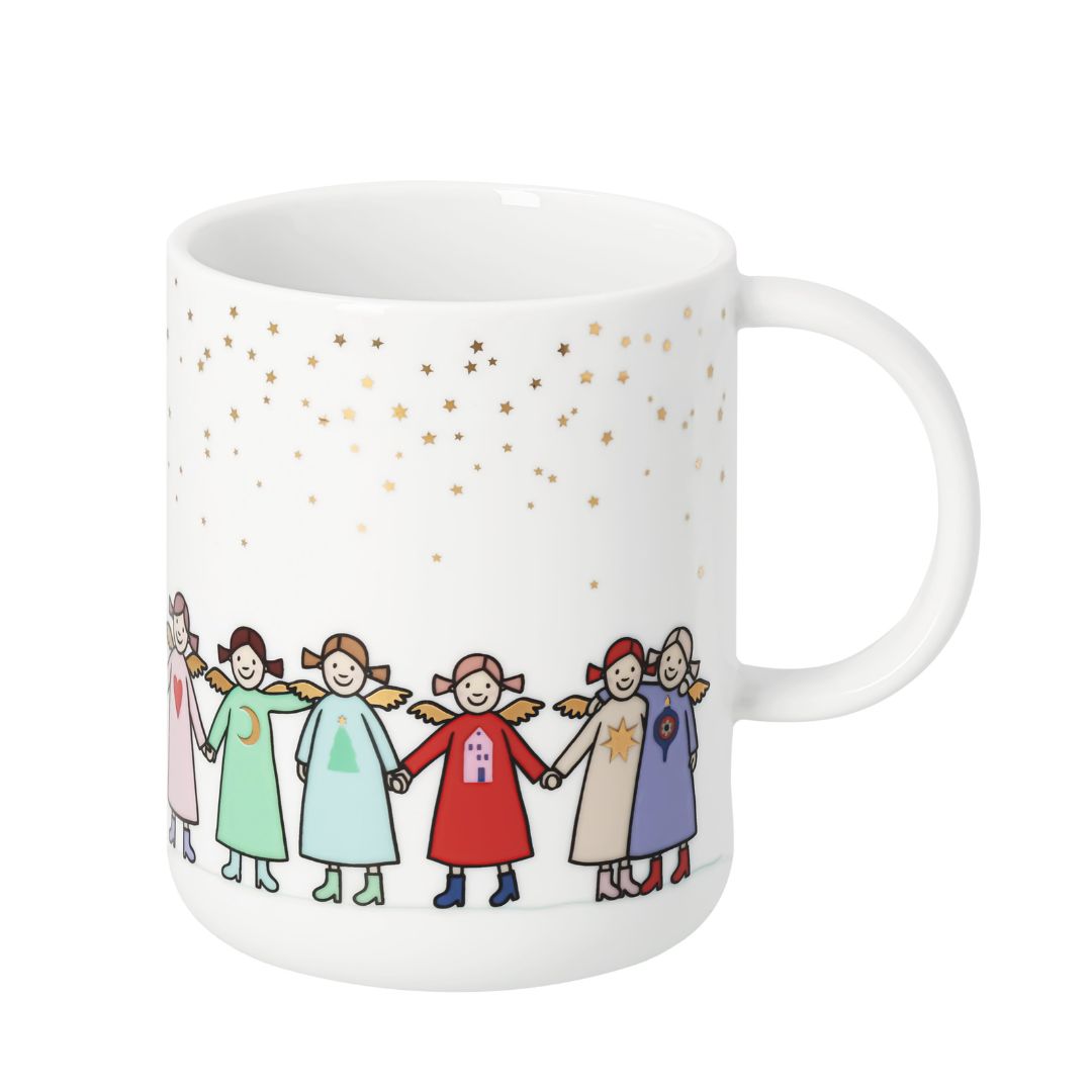 Weiße räder Porzellan-Tasse Edition 10 mit dem bunten Motiv der Himmlischen Schwestern rundherum