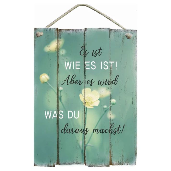 Holzschild, Wanddeko, Türkis, Blumenmotiv, Spruch