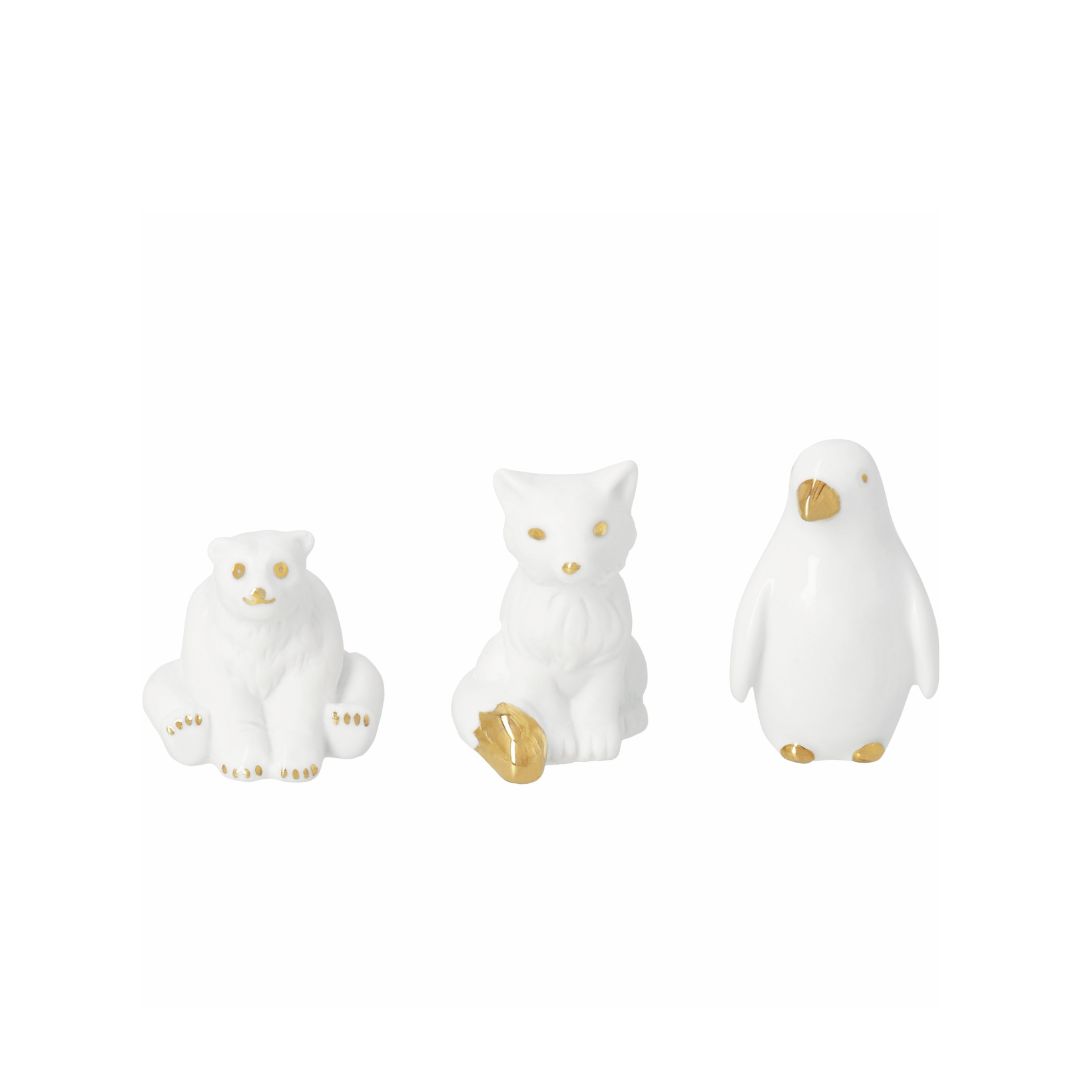 räder Mini Porzellanfiguren im 3er Set bestehend aus einem sitzenden Eisbären, einem Fuchs und einem Pinguin mit edlen goldenen Details