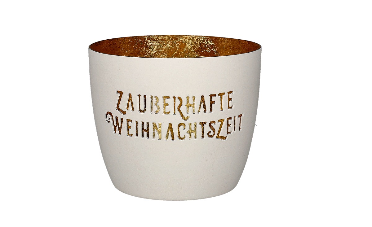 Madras Windlicht Zauberhafte Weihnachtszeit von Giftcompany in mattem Weiß mit goldener Innenbeschichtung und ausgestanztem Schriftzug ZAUBERHAFTE WEIHNACHTSZEIT
