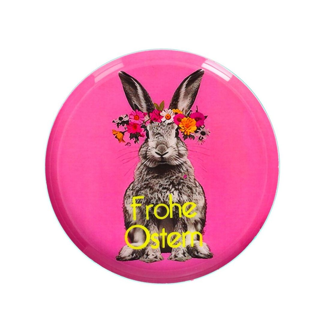 Rundes pinkes Deko-Tablett von Giftcompany mit Hase im Blumenkranz und gelber Aufschrift Frohe Ostern