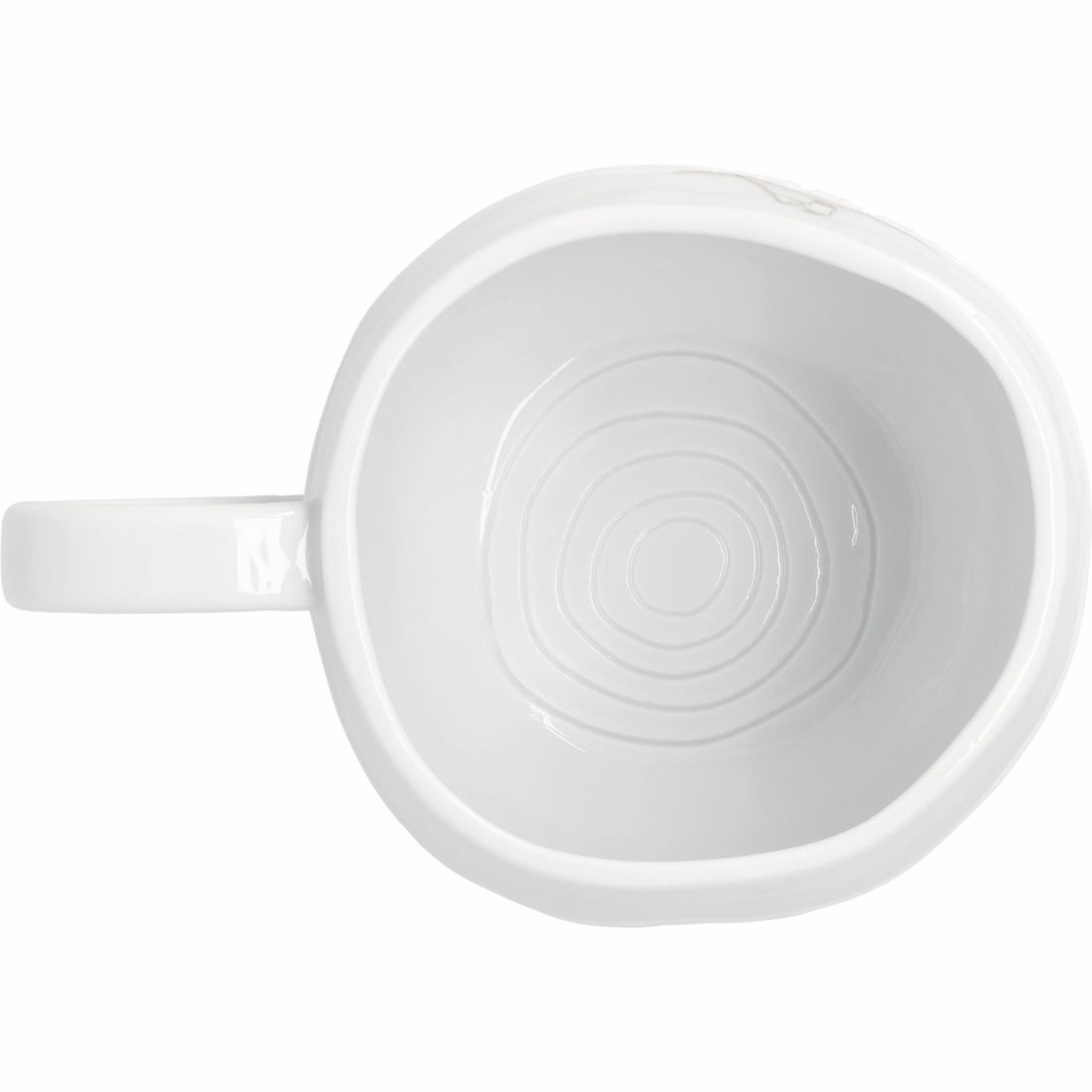 Tasse, weiße Keramik, Griffseite links, runde Innenstruktur, glänzend