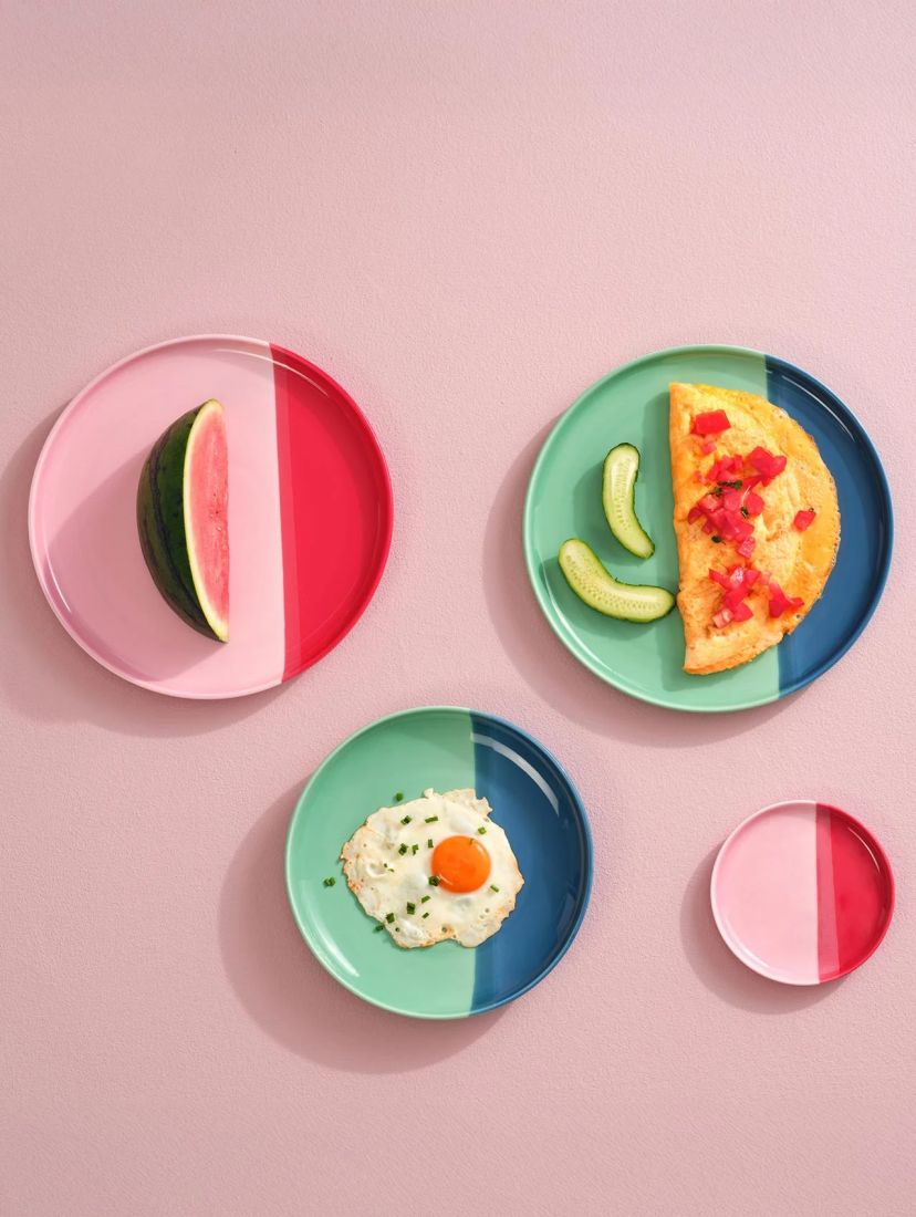 drip color plates, split color plate, partial watermelon, sunny-side egg, colorful dinnerware