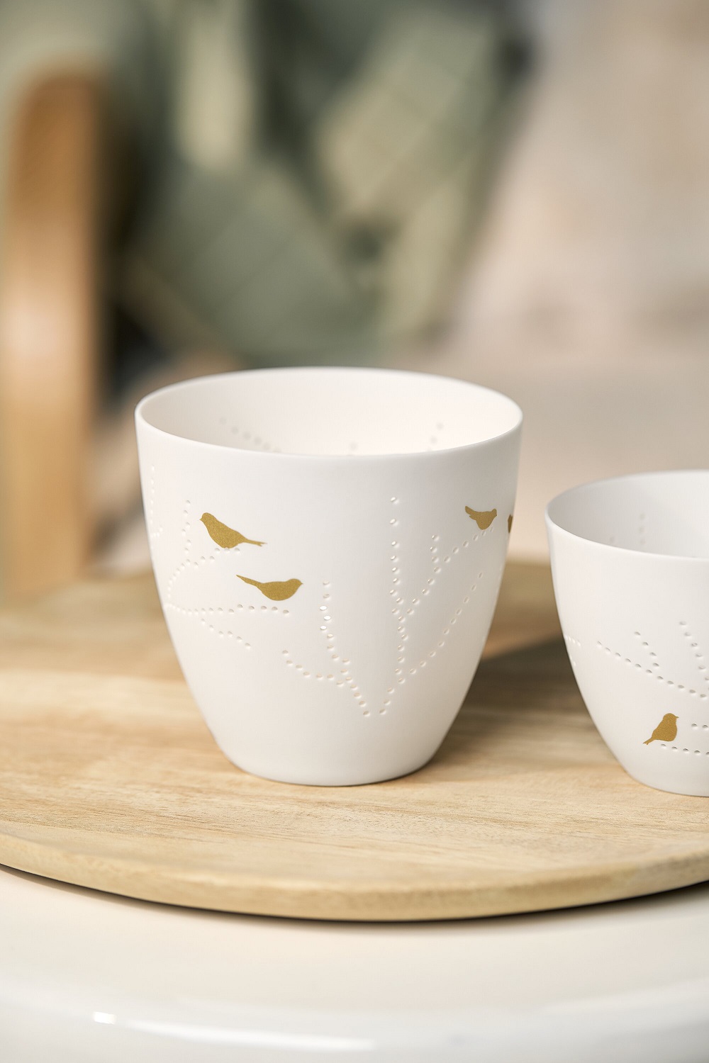 Tasse, Keramik, weiße Tasse, goldenes Vogelmotiv, Becher-Set