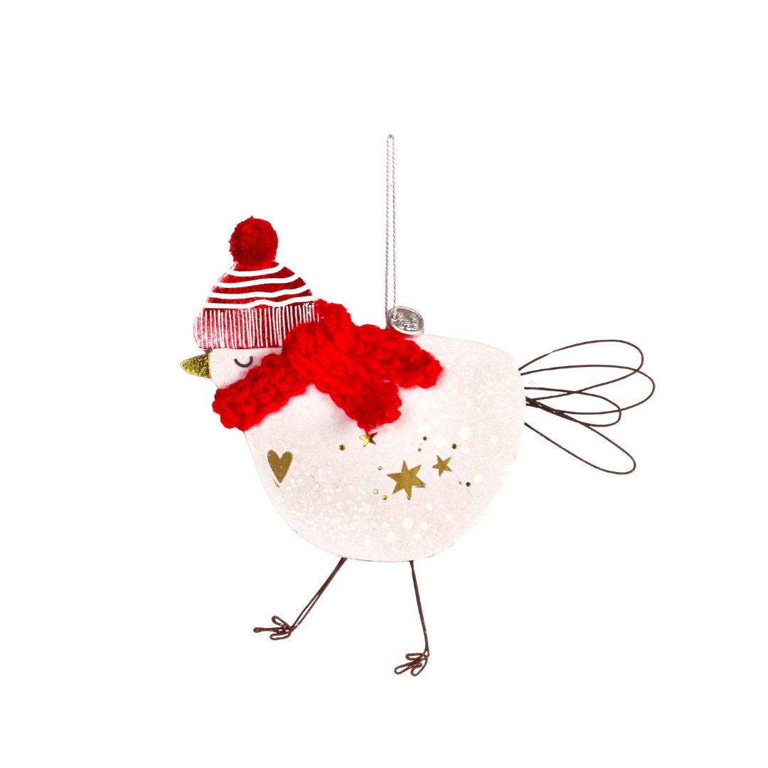 Vogel Anhänger Süßes Winter Herzwärmtier Vogel von Good old friends: Papp-Vogel mit rotem Schal, rot-weißer Pompom-Mütze, goldenen Sternen, Drahtbeinen und Wollaufhängung