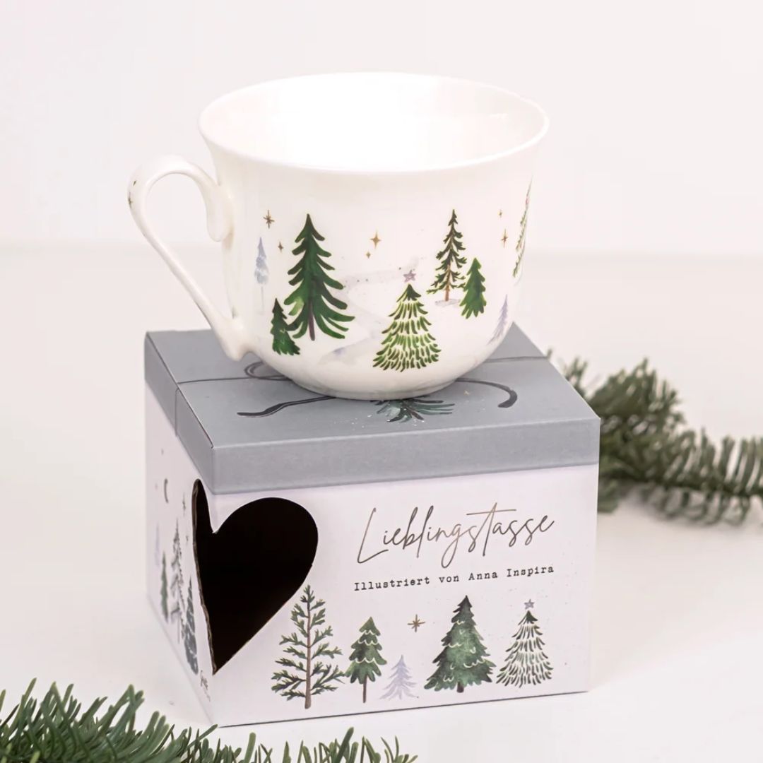 tee cup, Porzellan, Waldmuster, Weihnachtsbecher, Geschenkbox