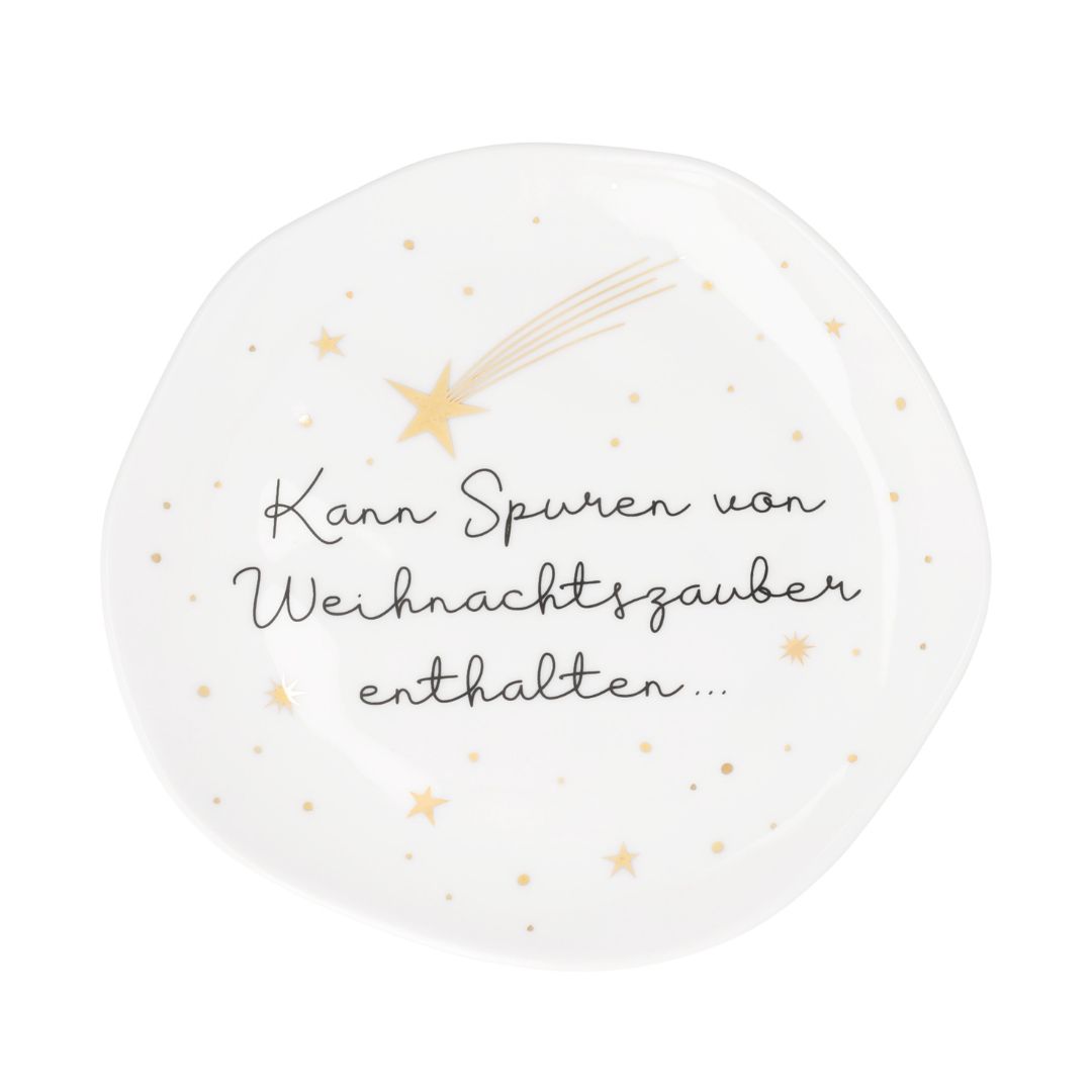 Kleiner weißer räder Porzellanteller mit Spruch Kann Spuren von Weihnachtszauber enthalten, 14 cm Durchmesser, mit Golddekal