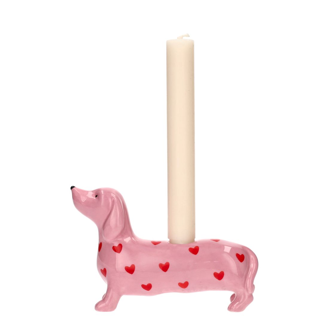 Rosa Mignon Dackel-Kerzenhalter mit roten Herzen aus Dolomit von Giftcompany für eine Stabkerze
