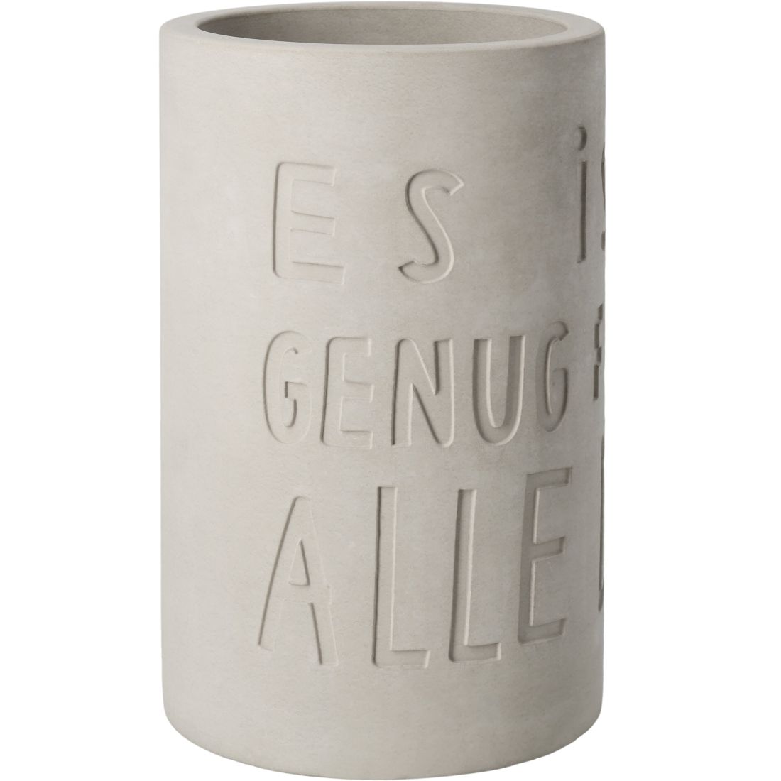 Grauer räder Flaschenkühler aus Beton mit dem eingeprägten Tief-Relief Spruch Es ist genug für alle da