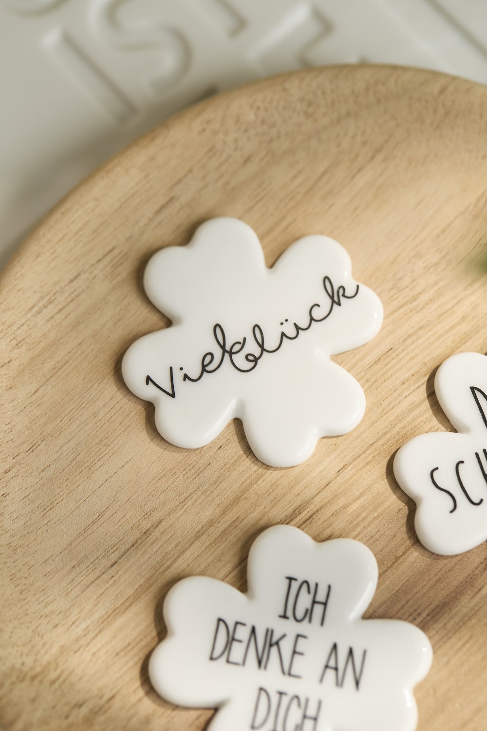 Keksform, Blume, Schriftzug, Weiße Scherbe, Motiv