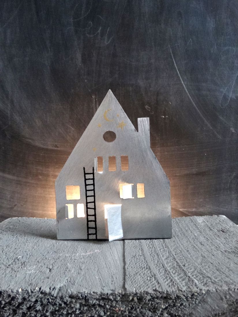 Schreibhäuser, Teelicht-Haus, Holzdeko, Silberfarben, Fensterlicht