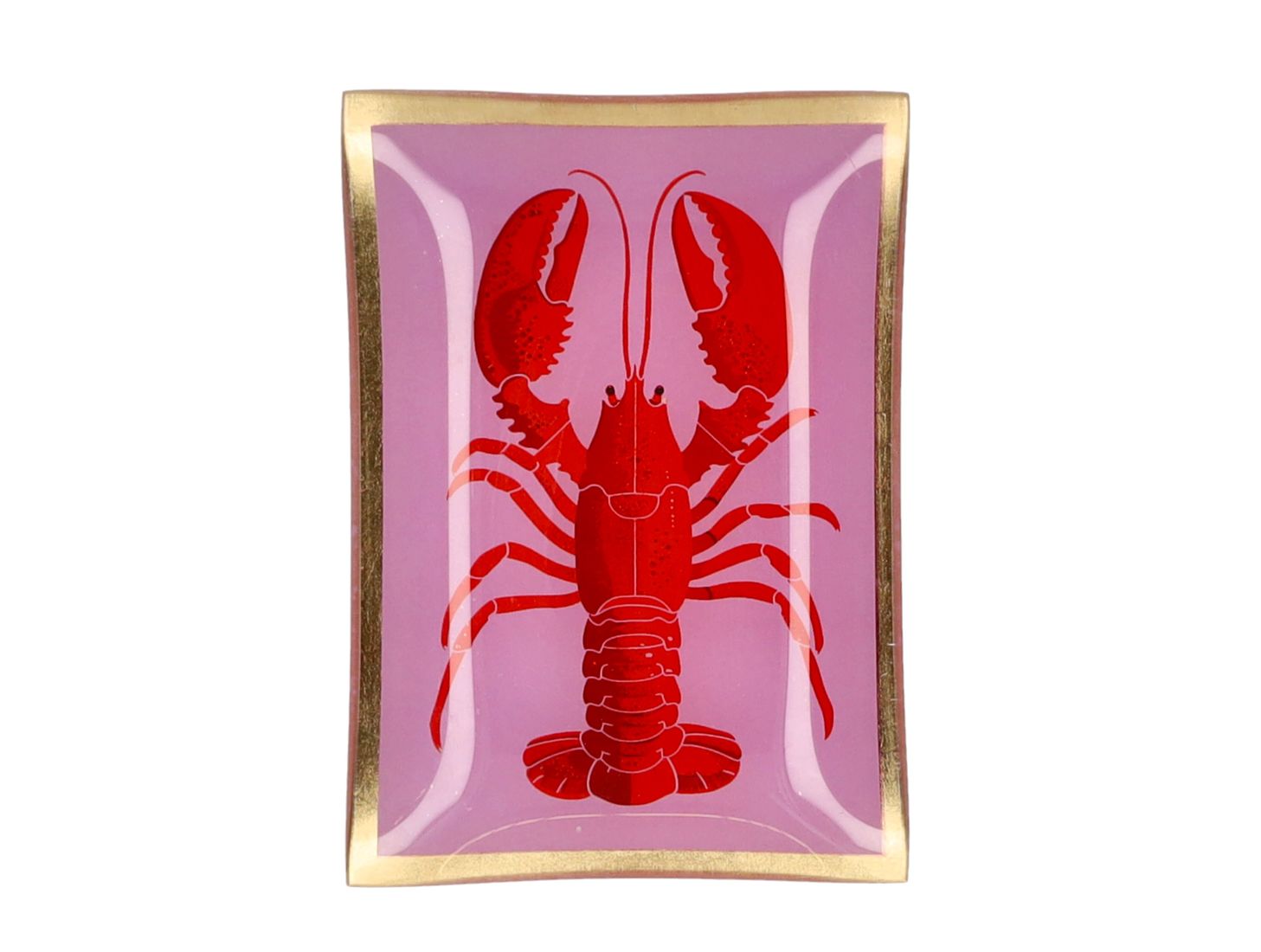 Rechteckiger Giftcompany Love Plates Glasteller Hummer in Größe M mit rotem Hummer-Motiv auf rosa Hintergrund und breitem Goldrand
