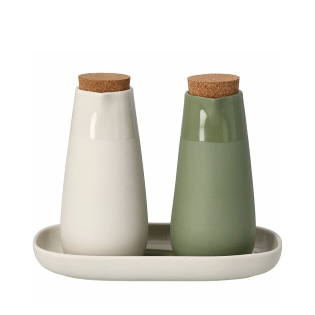 Dreiteilige räder Menage für Essig und Öl aus Steinzeug in Beige und Grün mit Korken
