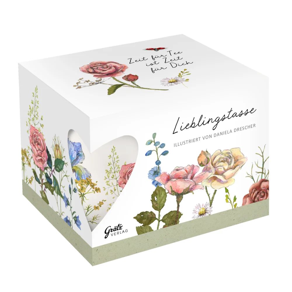 Geschenkbox Detailansicht der Porzellantasse Rosengarten mit Motiven von Rosen, Schwertlilien, Glockenblumen und Margeriten