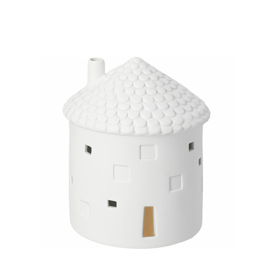 Rundes weißes Porzellan LED Lichthaus Schornstein von räder mit reliefartigem Schuppendach, Schornstein, kleinen Fenstern und einer glänzenden goldenen Tür