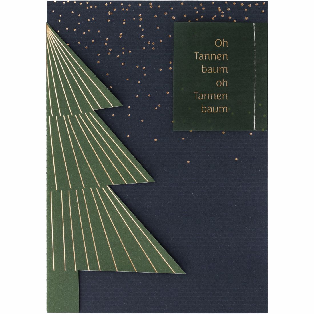 Edle räder Tannenbaumkarte in Blau und Grün mit dem goldenen Spruch oh tannenbaum