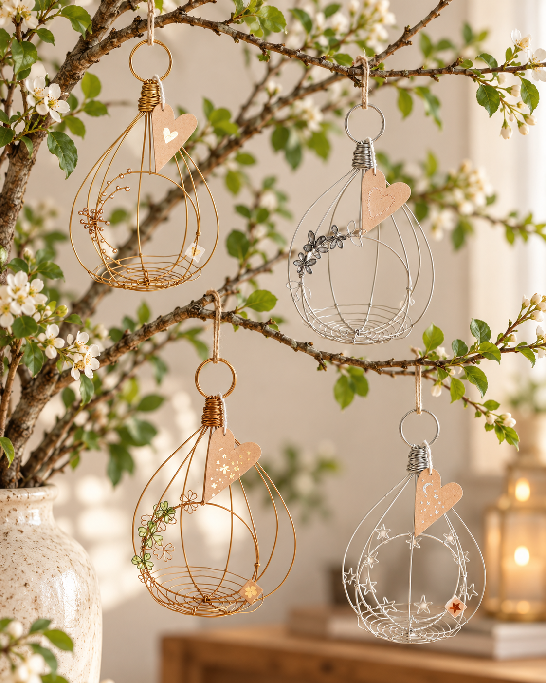 Deko-ornament, erieme-girlande, Herz-Element, Metall-Kugel, Zweig-Deko