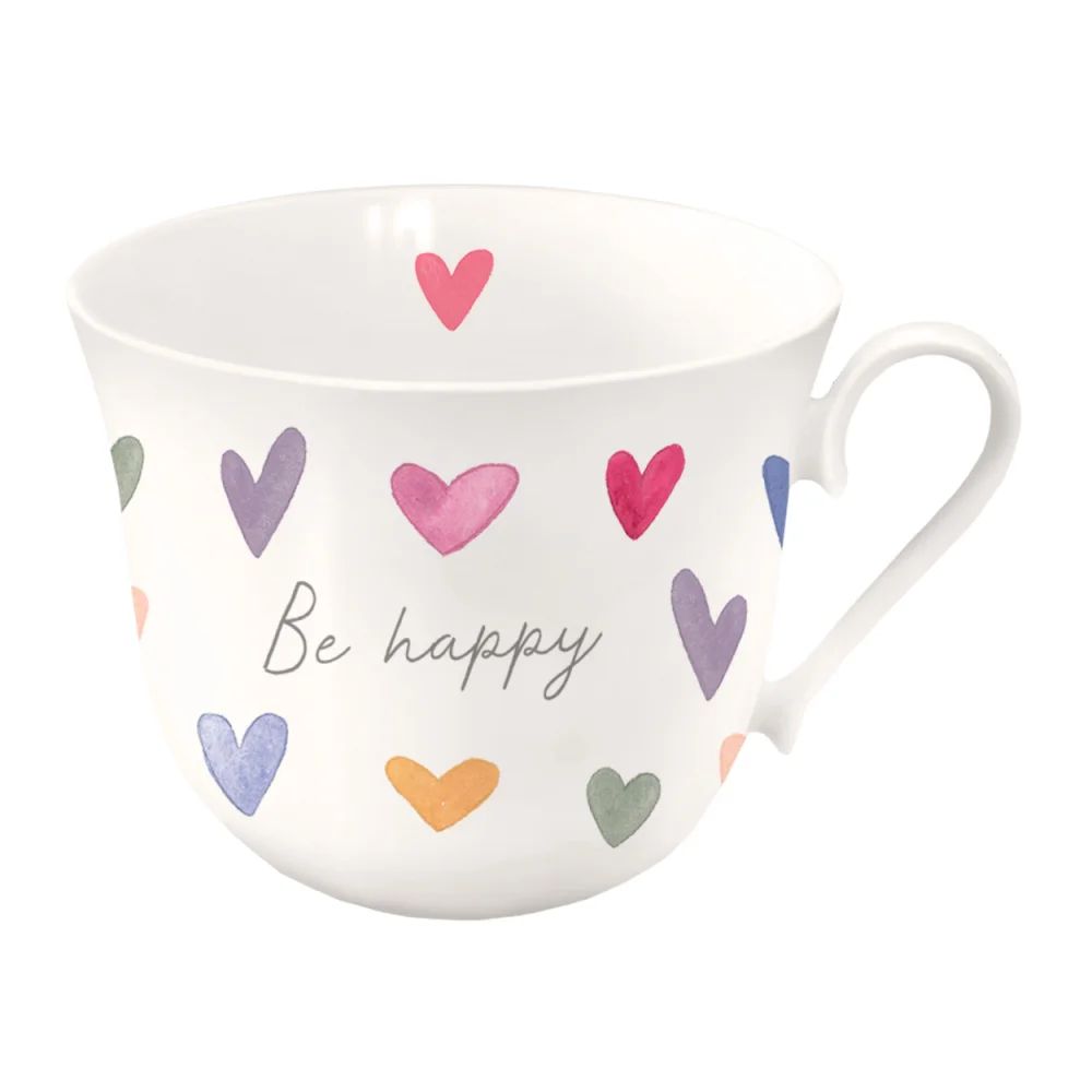 Becher, Tasse, Porzellantasse,, Herzchen, Be happy, Porzellan