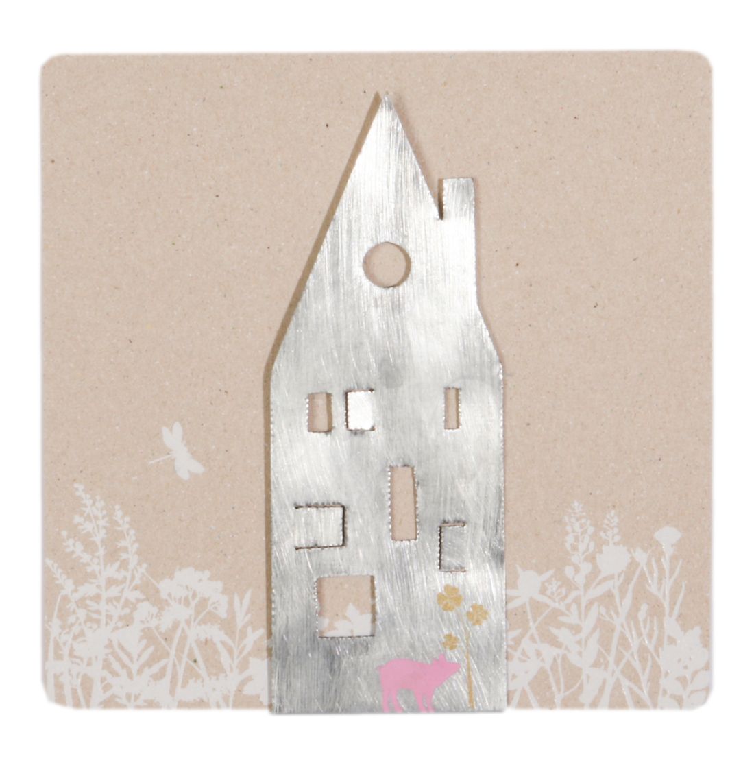 Haus, Metallornament, silber, Miniatur, rosa Tier