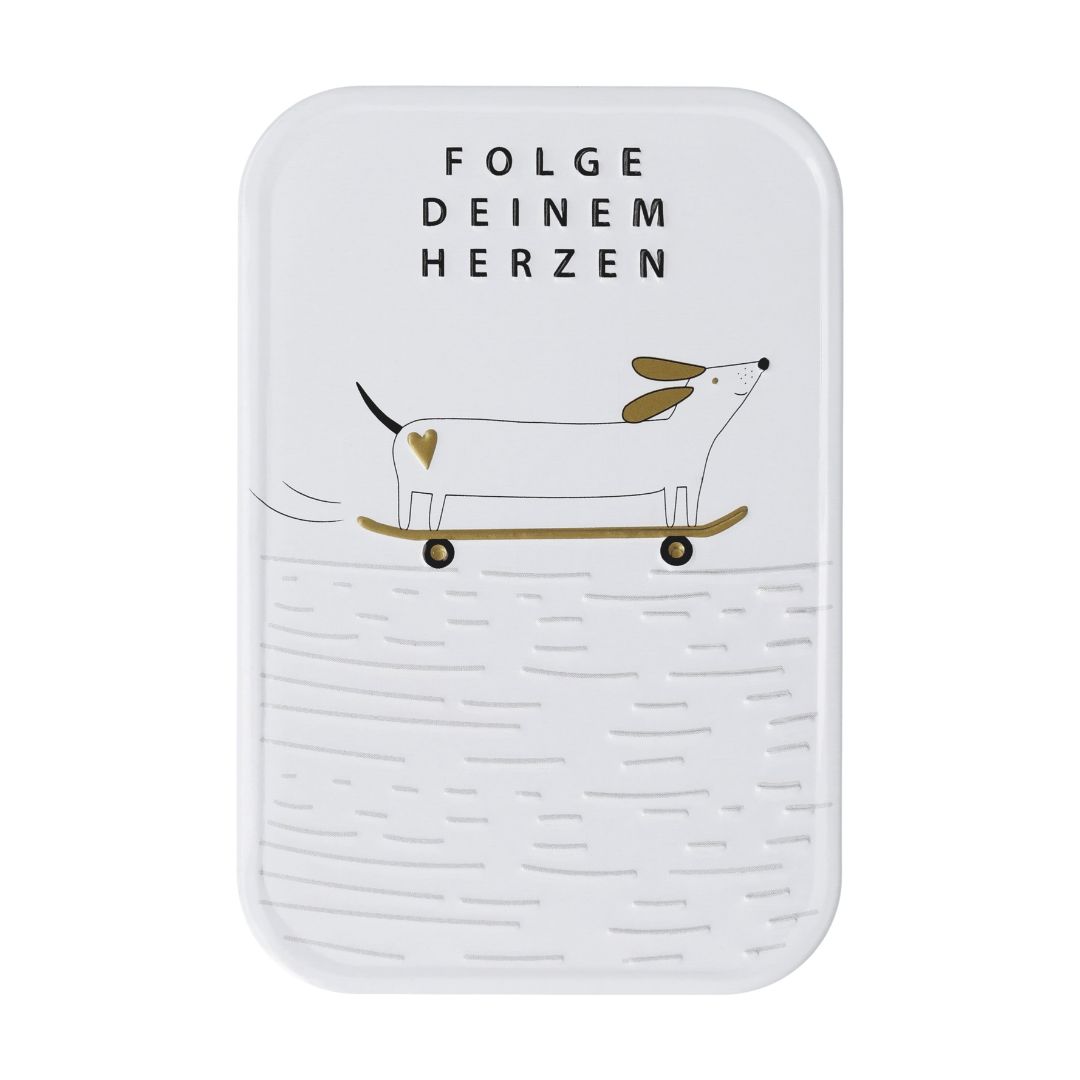 Kleine räder Magnet-Eisentafel Folge deinem Herzen mit Motiv glücklicher Dackel auf einem Skateboard