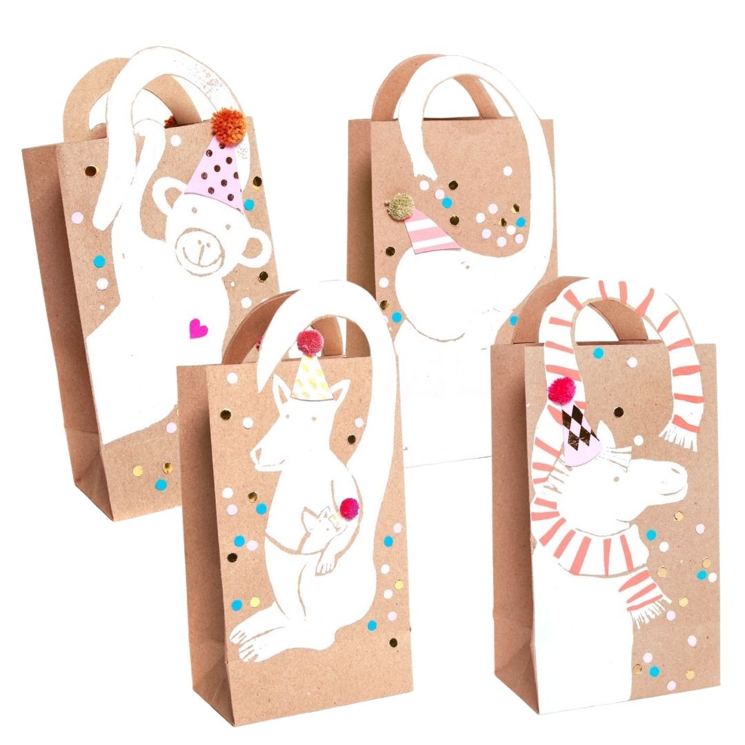 party bags, festive gift bags, animal design, bear, mouse, cat, scarf, pom-pom, confetti