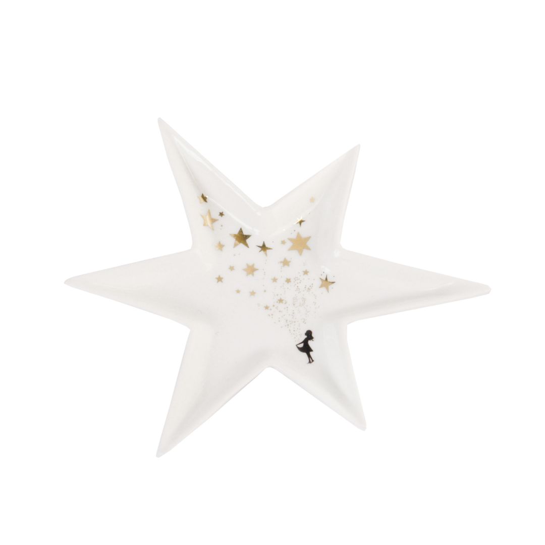 Weißer Sternteller aus Porzellan mit goldenem Sterntaler-Motiv und kleiner schwarzer Figur