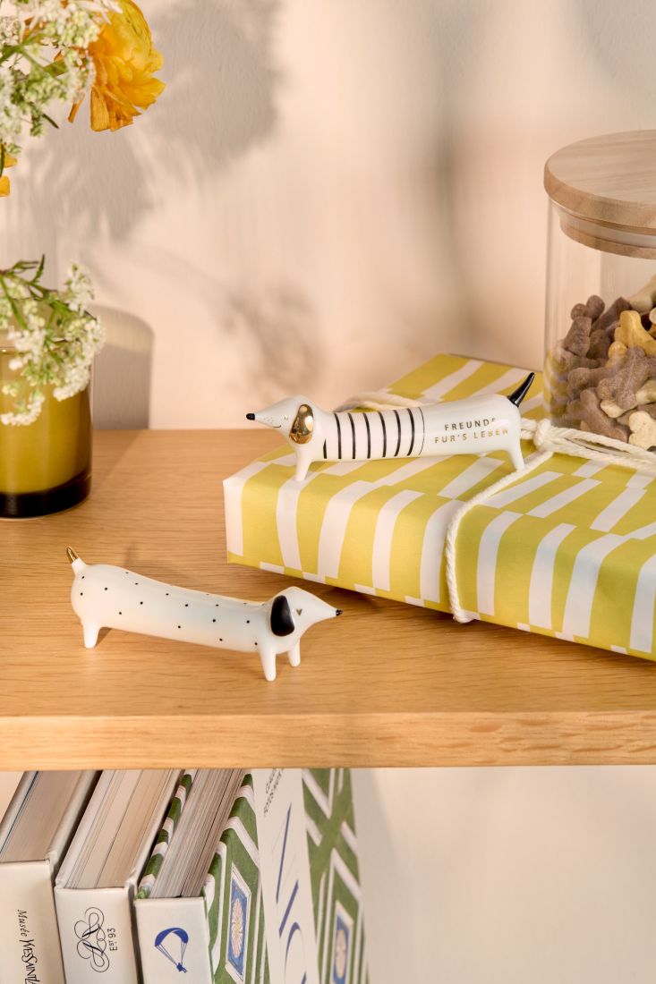 Der dekorative räder Porzellandackel Freunde fürs Leben stilvoll auf einem Geschenk platziert