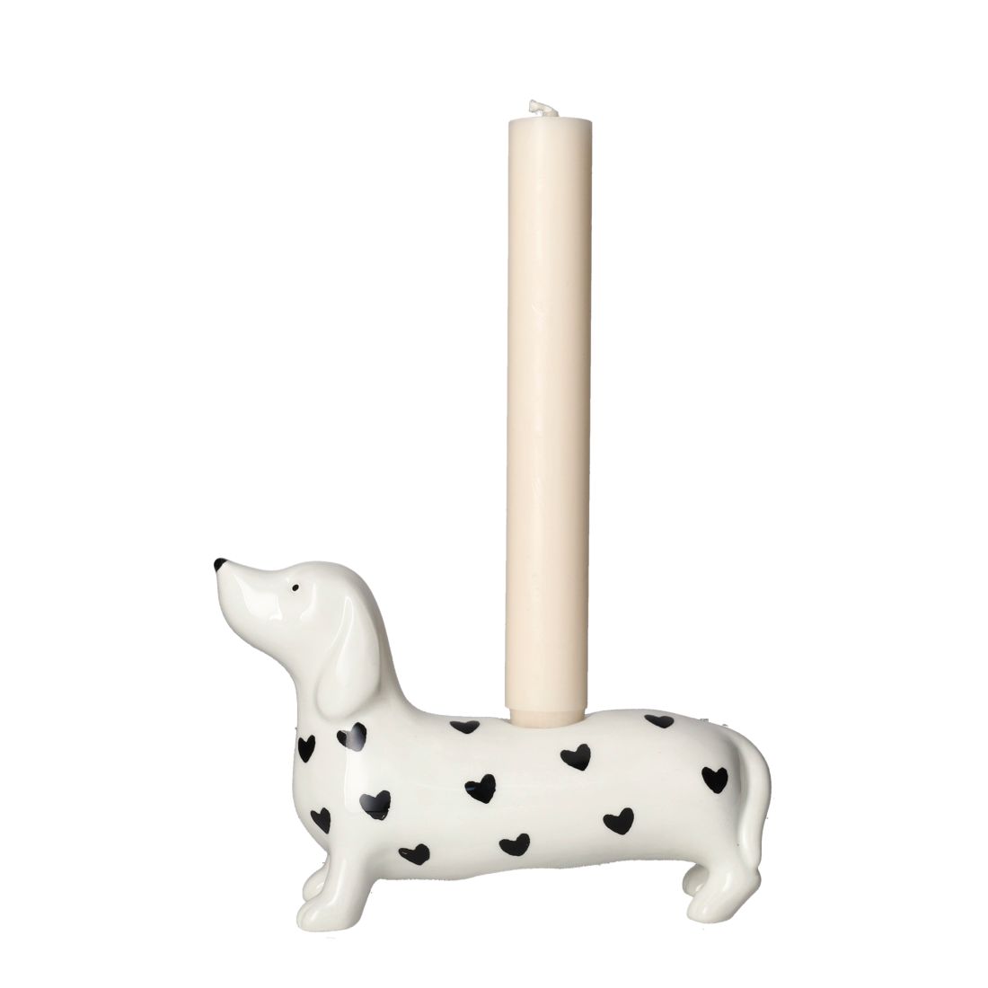 Weißer Mignon Dackel-Kerzenhalter mit kleinen Herzen aus Dolomit von Giftcompany für eine Stabkerze