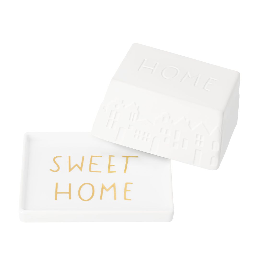 Geöffnete kleine räder Butterdose aus weißem Porzellan mit glänzendem Gold-Dekor Schriftzug sweet home auf der Platte