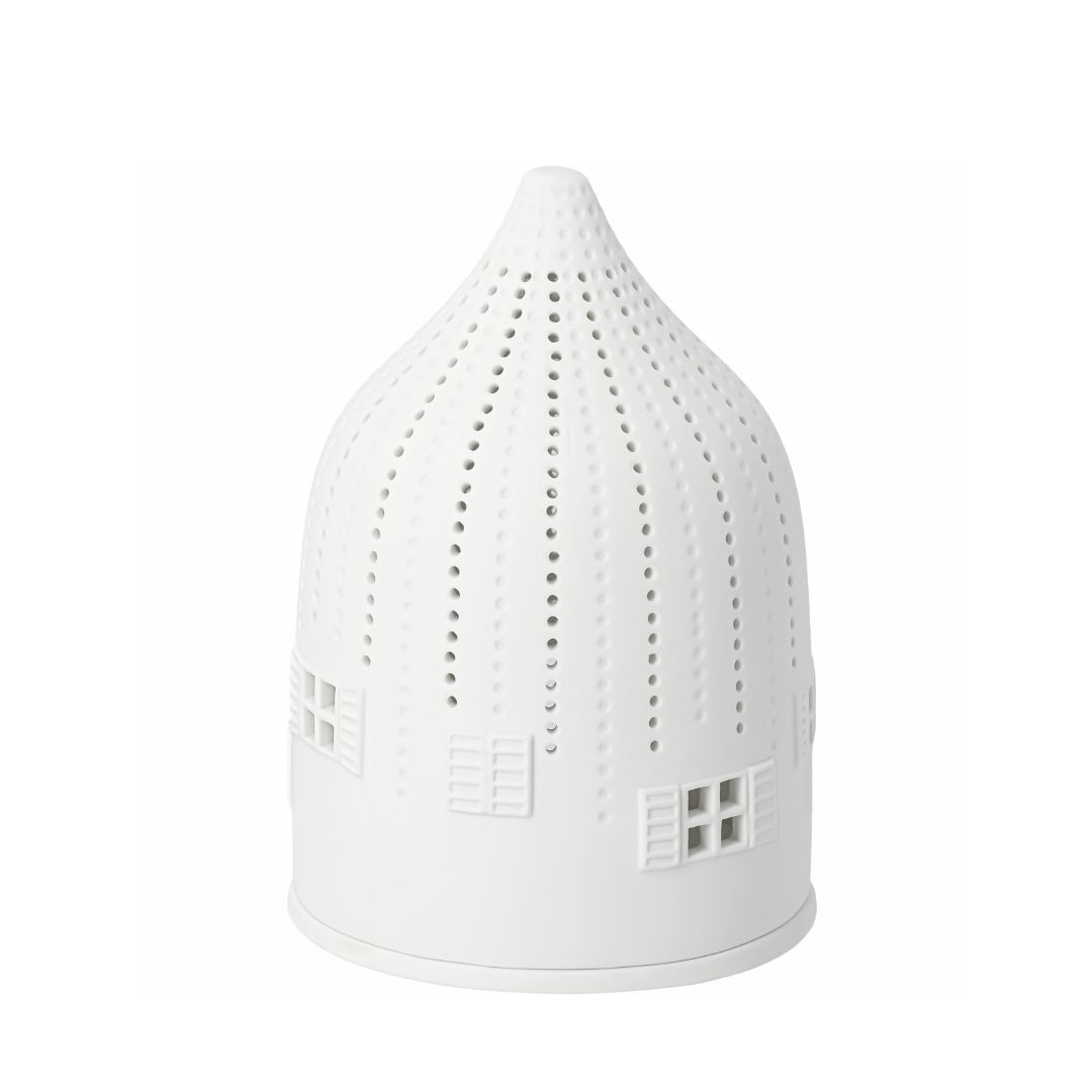 lampenaufsatz, perforiert, weiß, hausform, porzellan-ornament