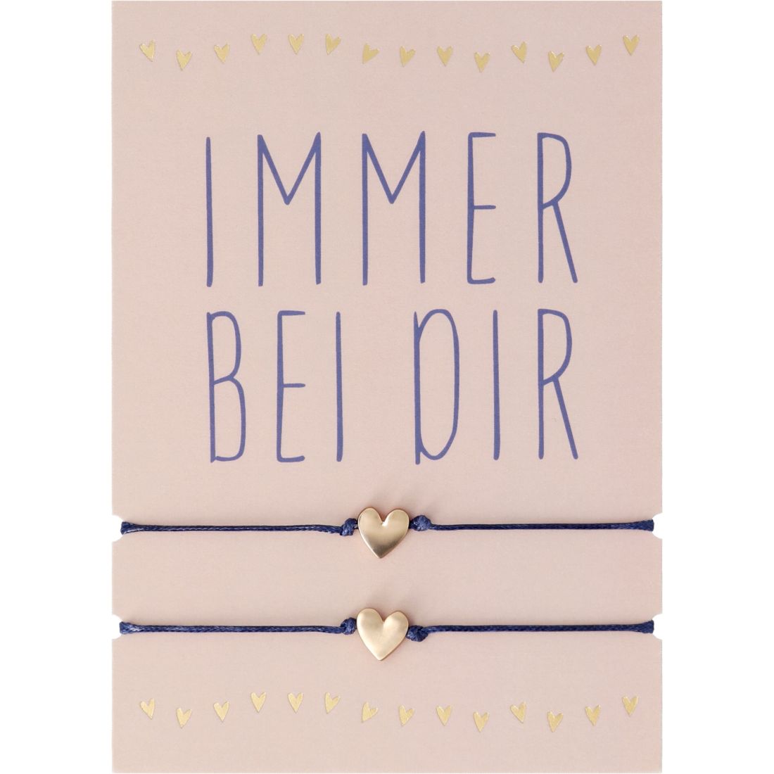 räder Design Armband Set Immer bei dir mit zwei blauen Baumwollbändern und goldenem Herz auf Geschenkkarte