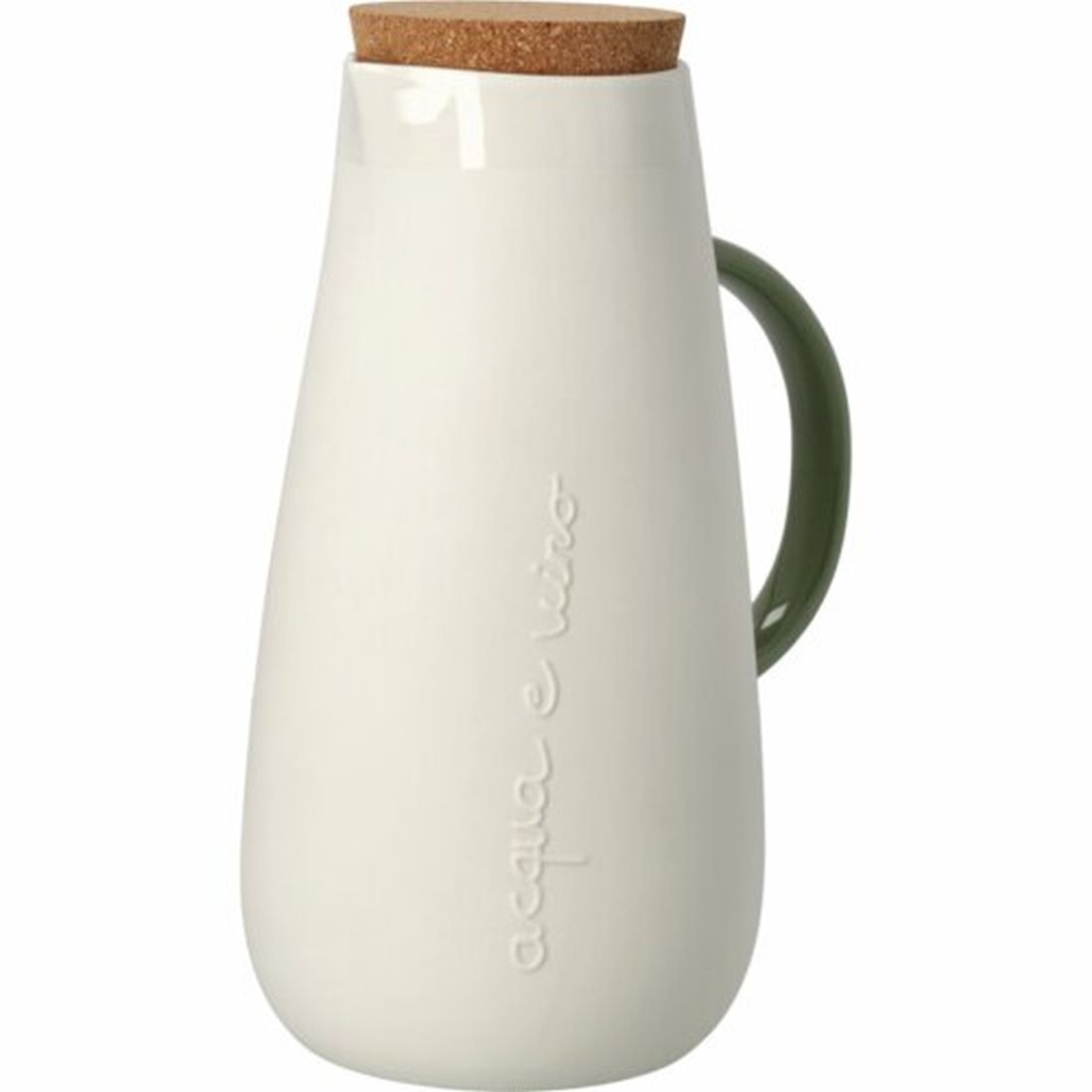 Nahaufnahme des Hoch-Relief Schriftzugs Aqua e vino auf dem beigen Krug