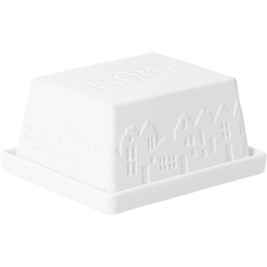 Kleine räder Porzellan-Butterdose Home sweet home mit erhabener Häuserreihe auf dem matten weißen Deckel
