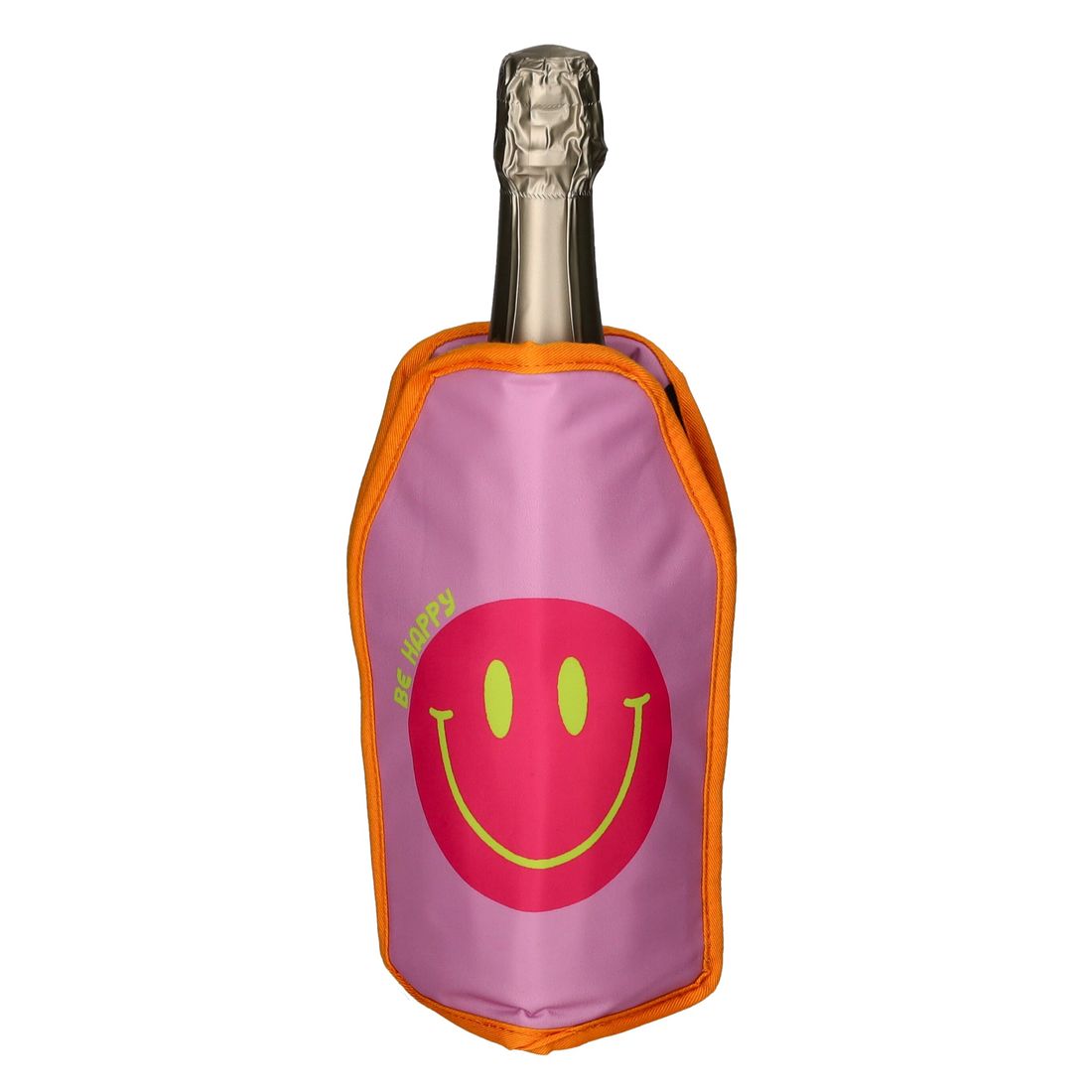 Flasche, Weinflasche, Kühlhülle, Smiley-Print, Neon/Pink]]} } } } } }』} }}}}}}]}ానLet's correct. Wait final. Need 5 tags max. For image: a bottle in a pink pouch with orange trim. Tags: