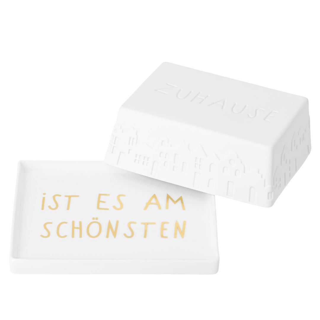 Geöffnete räder Butterdose aus weißem Porzellan mit glänzendem Echtgold-Schriftzug ist es am Schönsten auf dem Unterteller