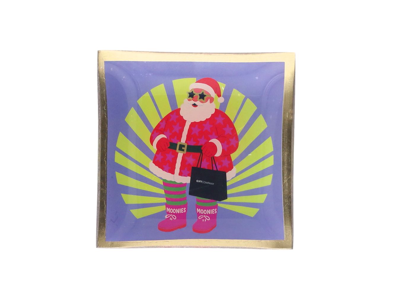Quadratischer Glasteller Weihnachtsmann S von Giftcompany mit cool weilem Santa in Sternenbrille mit Giftcompany-Einkaufstasche auf lila-grünem Hintergrund und Goldrand