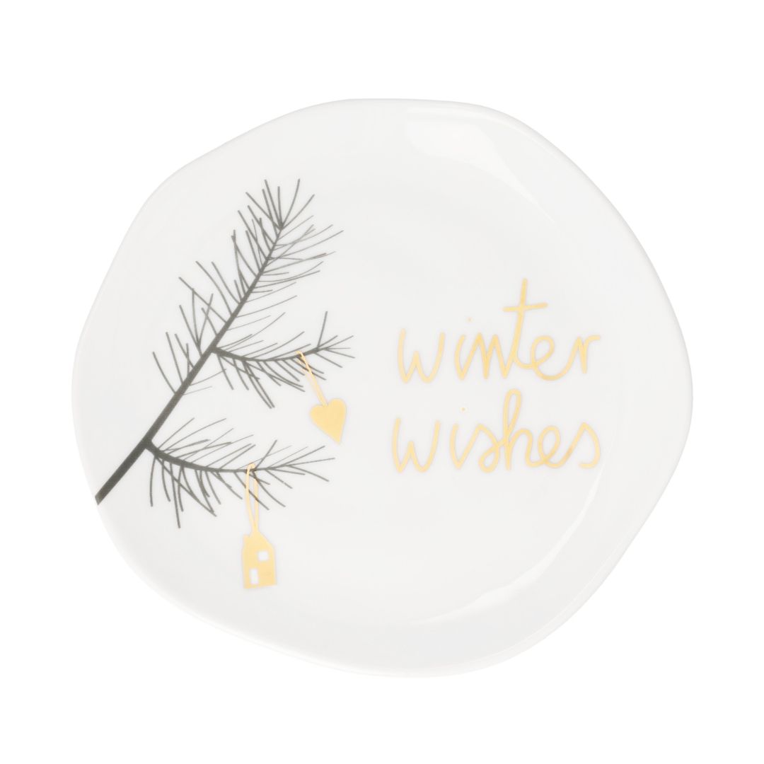 Kleiner weißer räder Porzellanteller Winter wishes mit 14 cm Durchmesser und edlem Gold- und Schwarzdekal