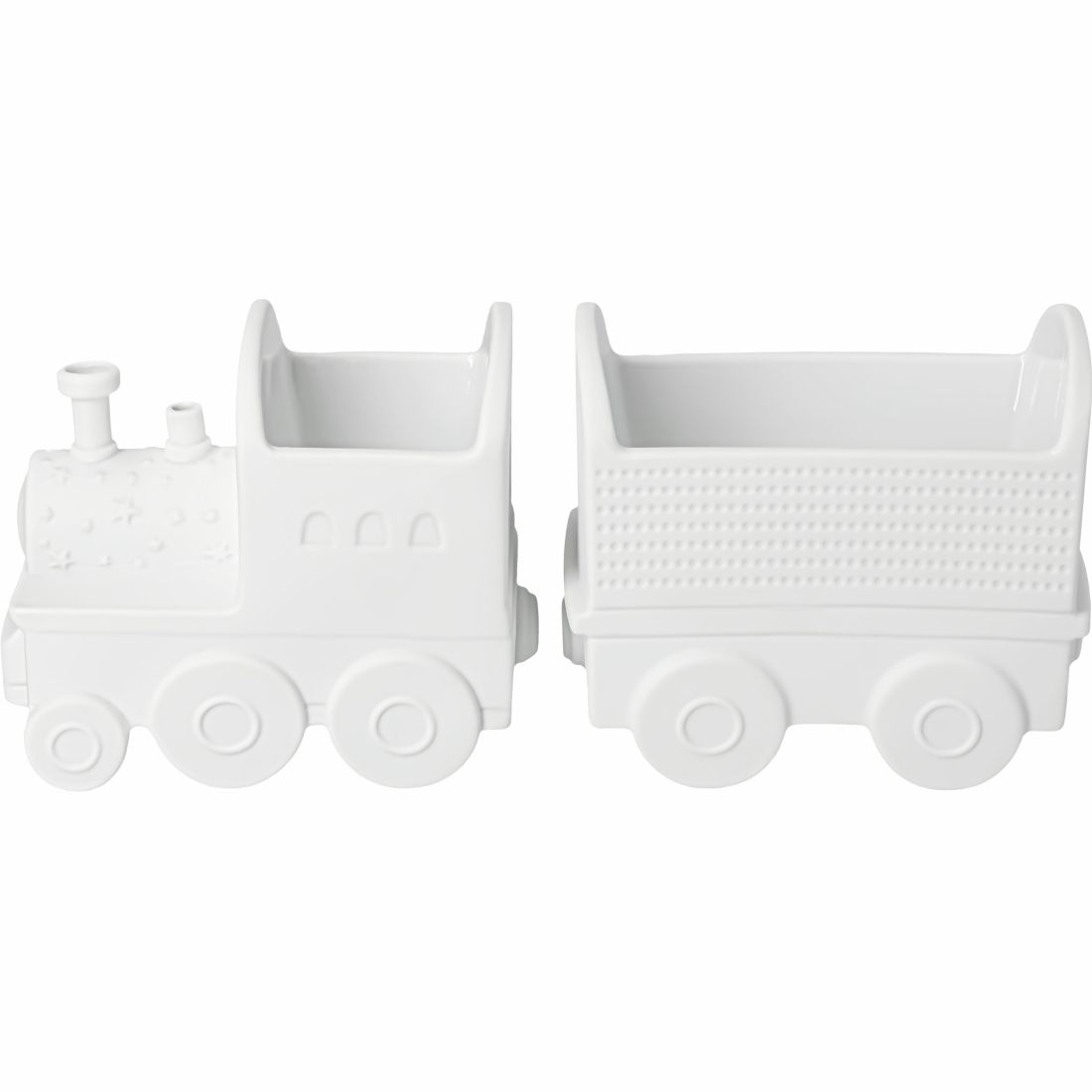 toy train, steam locomotive, white, toy wagon, embossed details