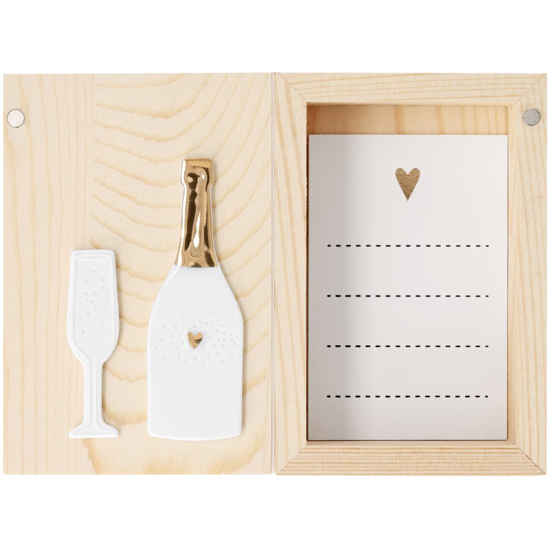 Geöffnete räder Erinnerungsbox Mit dir feier ich am liebsten aus Holz mit Porzellan-Flasche, Sektglas und Kärtchen